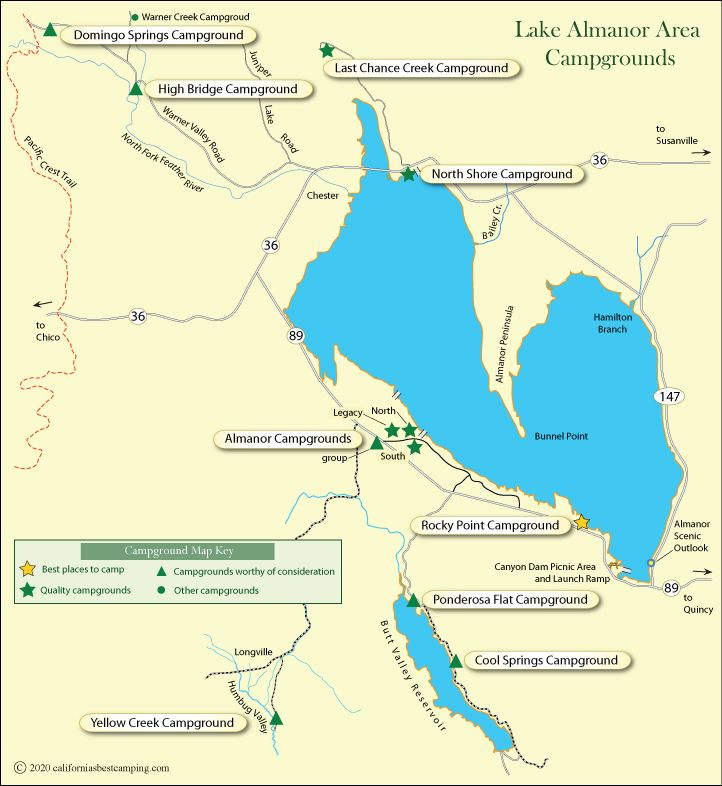 map of Lake Almanor campground locations, CA