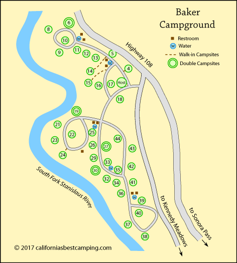 Baker Campground map, Stanislaus National Forest, CA