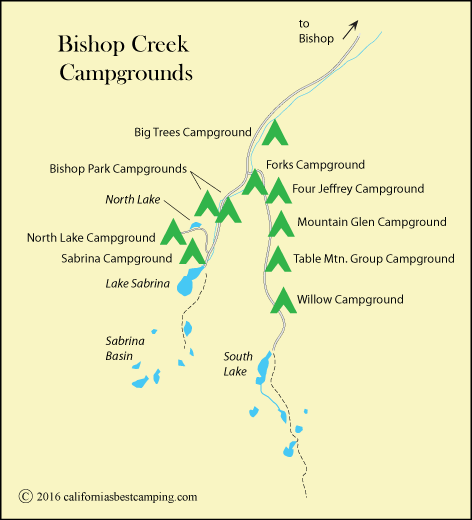Map of Campgrounds along Bishop Creek in the Inyo National Forest, including Big Trees Campground, CA