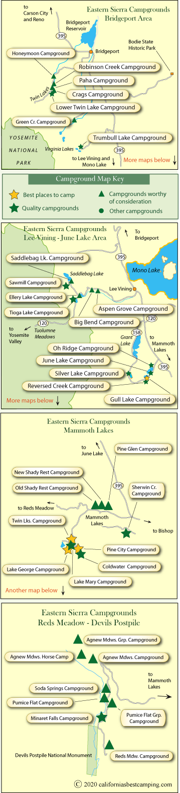 map of campgrounds in the Eastern Sierra from Bridgeport to Mammoth Lakes