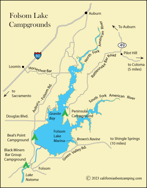 map of campgrounds at Folsom Lake, including Beals Point Campground, CA