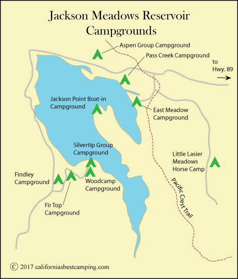 map of campgrounds at Jackson Meadows Reservoir, including Findley Campground,  CA