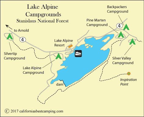 Lake Alpine map,  showing Lake Alpine Campground and other campgrounds, CA.