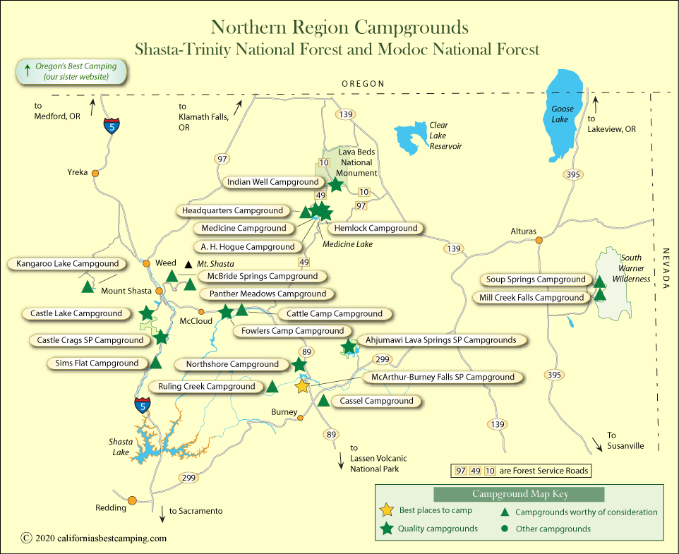 map of campground locations around Mt. Shasta and Modoc County,  CA