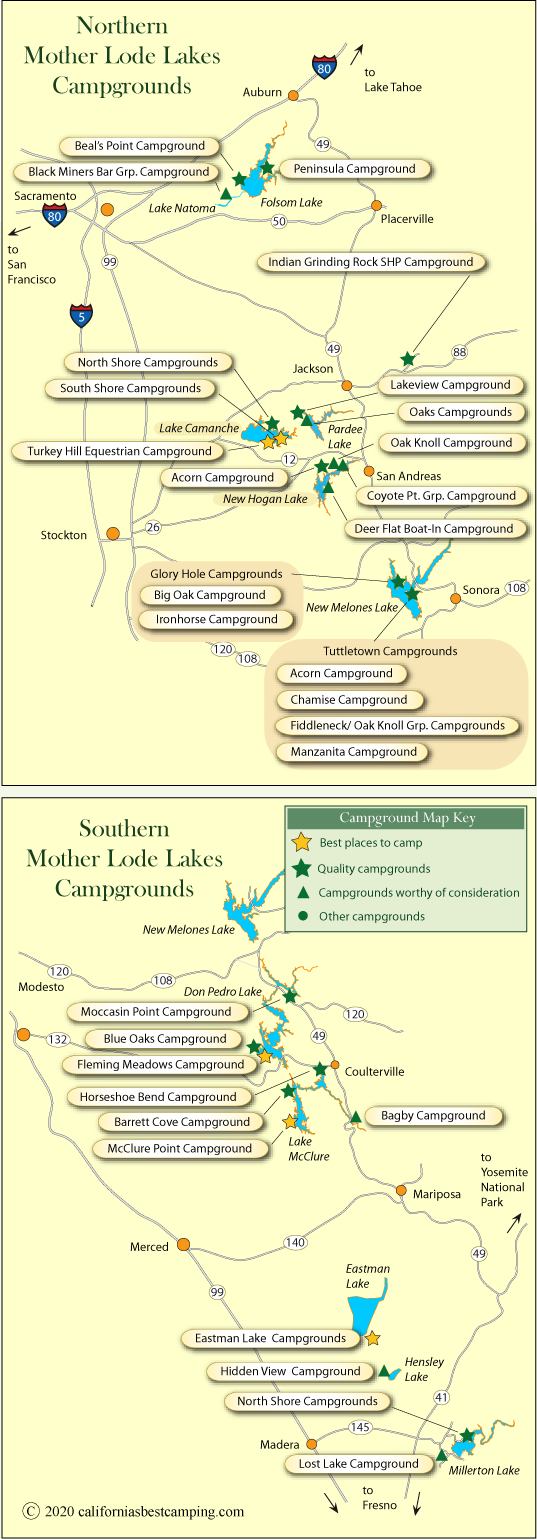 map of campgrounds in around the foothill lakes of the Mother Lode