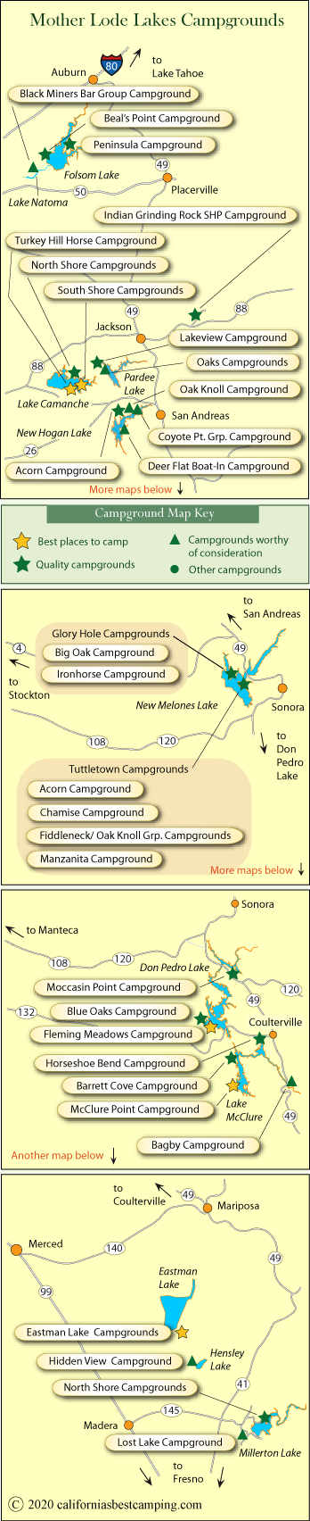 map of campgrounds in around the foothill lakes of the Mother Lode