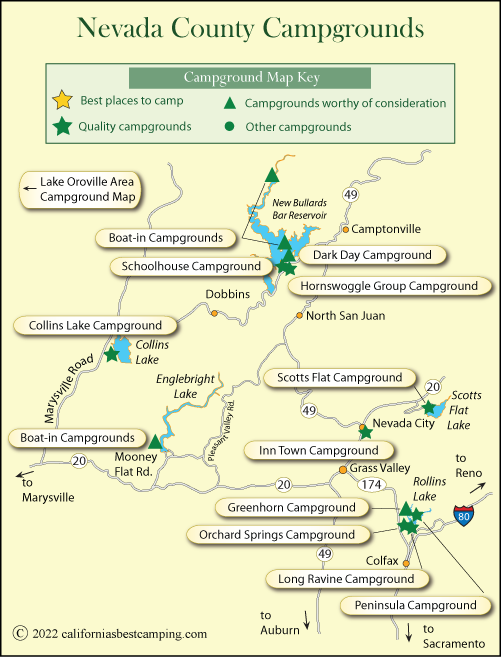 map of campground locations in Nevada County, CA