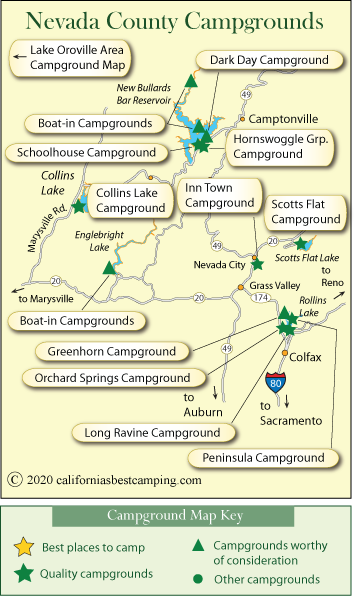 map of campground locations in Nevada County, CA