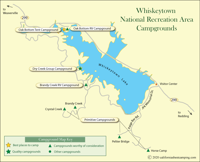 map of campgrounds around WhiskeytownLake, CA
