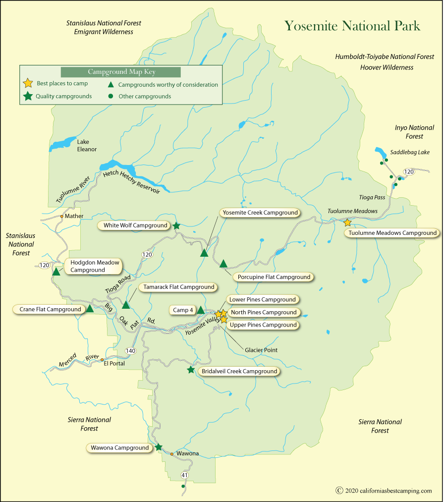 map of campground locations in Yosemite National Park