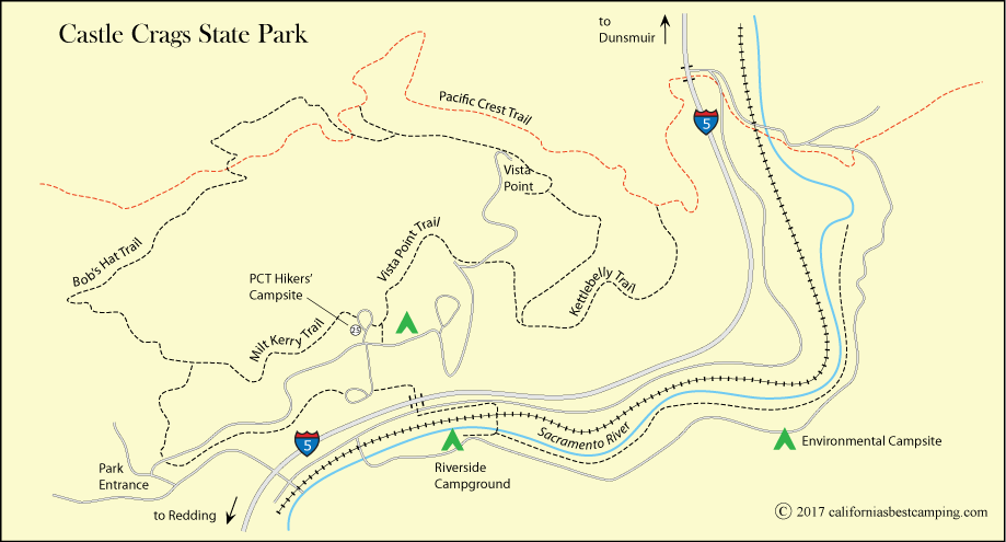 map of campground locations at Castle Crags State Park, CA