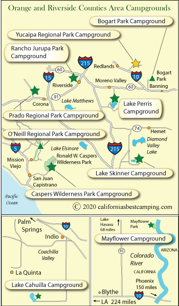 map of campgrounds in Orange and Riverside counties