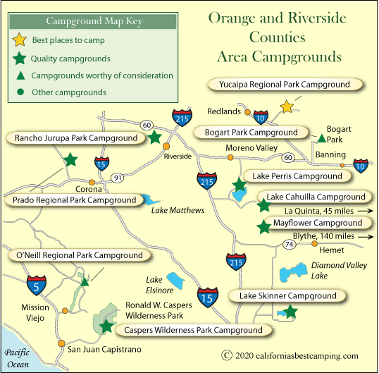 map of campgrounds in Orange and Riverside counties