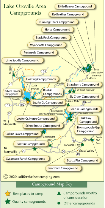 map of campground locations around Lake Ororville and New Bullards Bar, CA