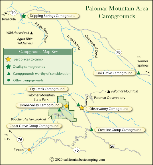 map of campgrounds around Palomar Mountain