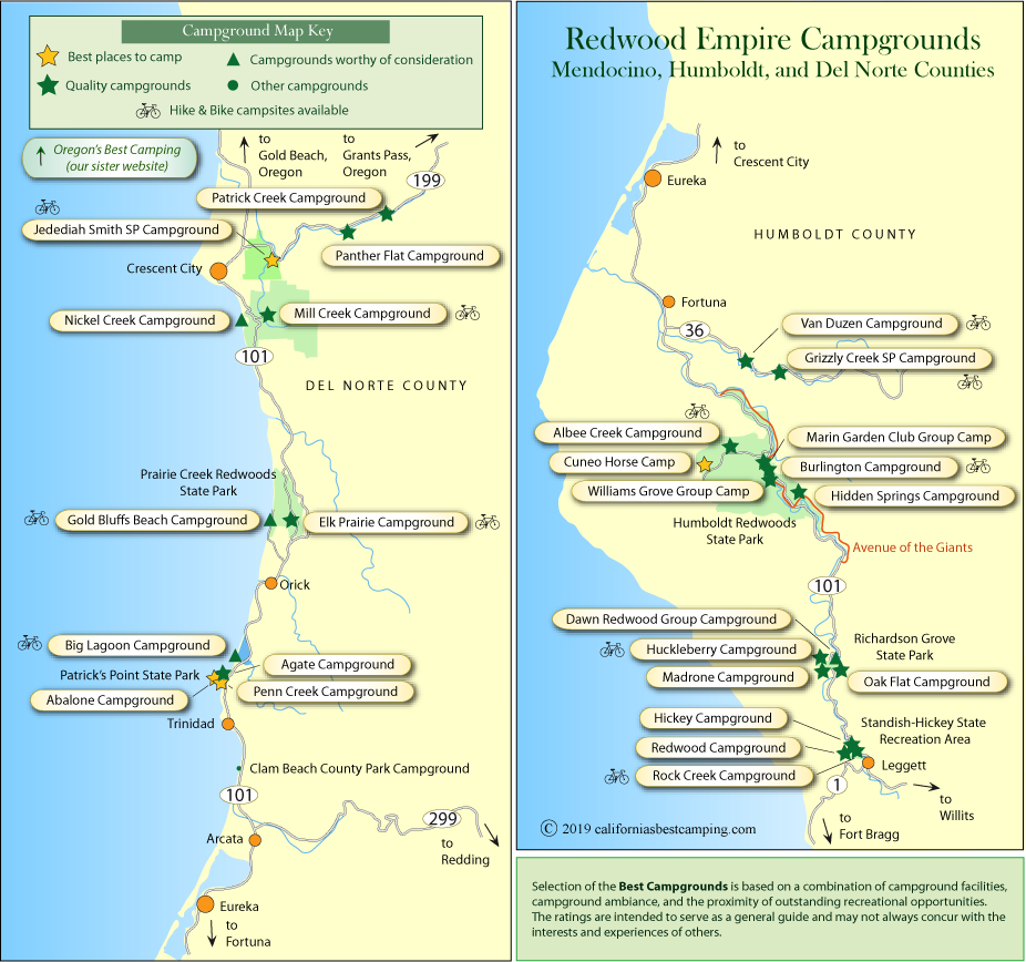map of campgrounds in Humboldt and Del Norte counties