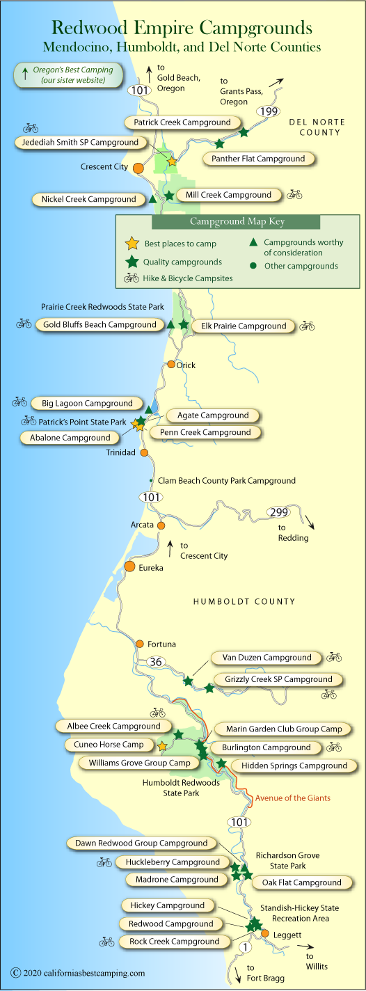 map of campgrounds in Humboldt and Del Norte counties