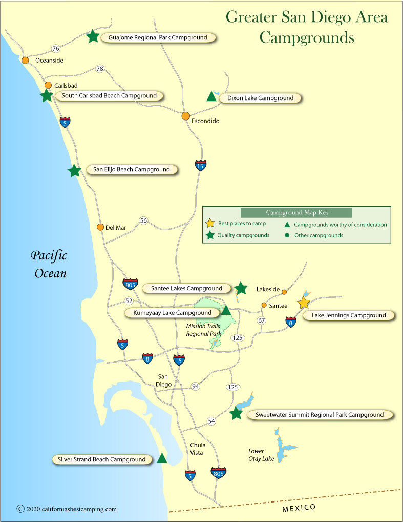 map of the best campgrounds in the greater San Diego area