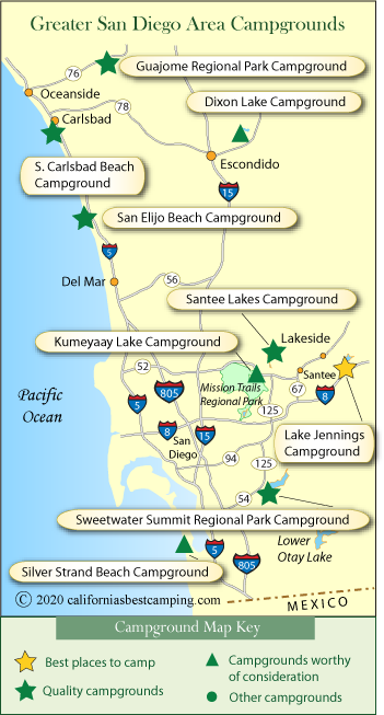 map of campgrounds in the greater San Diego area