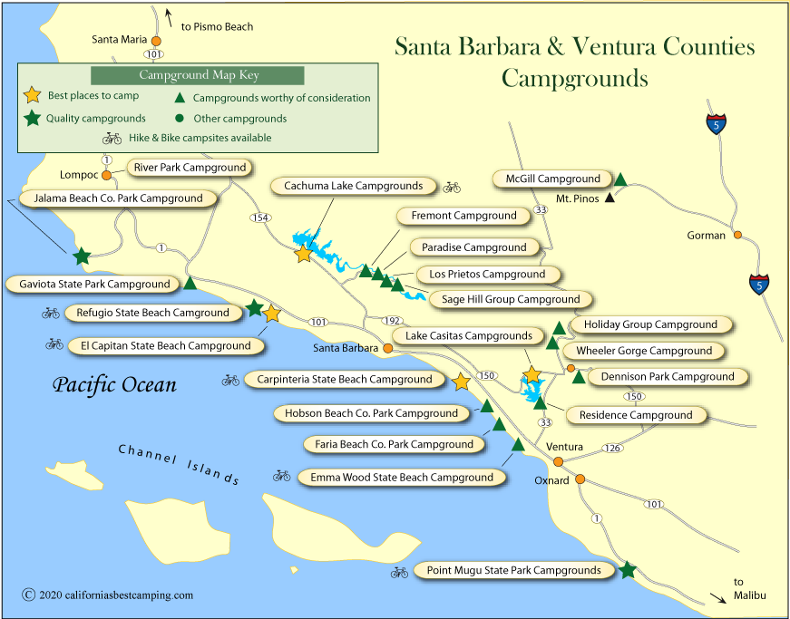 map of campground locations along the Santa Barbara and Ventura counties coast, CA