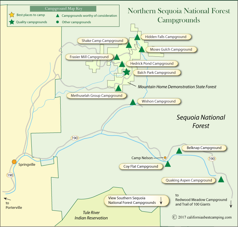 map of campgrounds in northern Sequoia National Forest