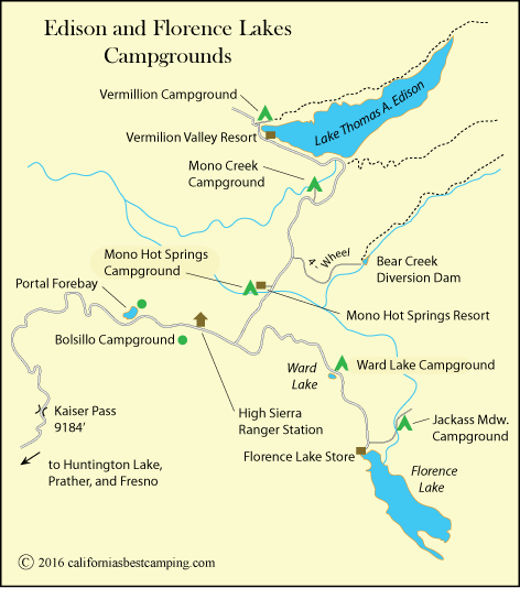 map of campgrounds at around Lake Thomas A. Edison and Florence Lake, including Jackass Meadow Campground, CA