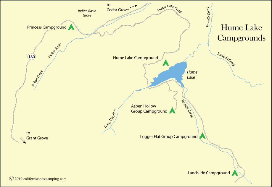map of campground locations around Hume Lake in Sequoia National Forest, including Aspen Hollow Group Campground