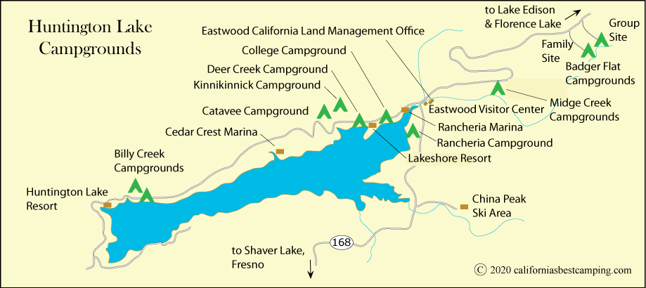 map of campground locations at Huntington Lake (including Billy Creek Campgrounds), Sierra National Forest, CA