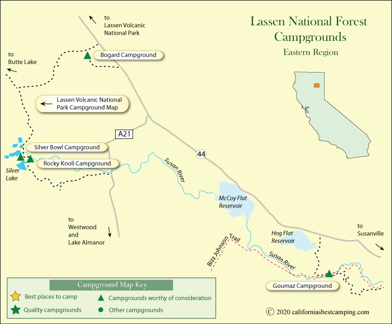 map of campground locations in Lassen National Forest
