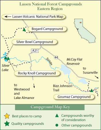 map of campground locations in Lassen National Forest