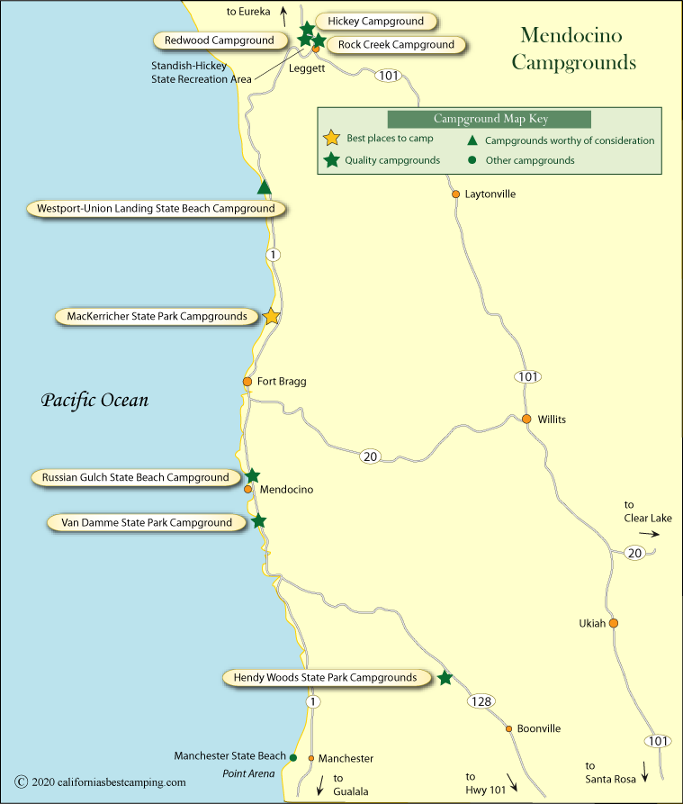 map of campground locations in Mendocino County, CA