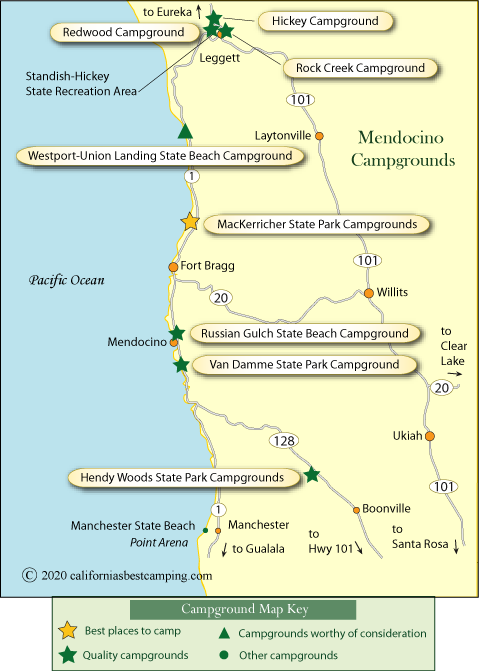 map of campground locations in Mendocino County, CA