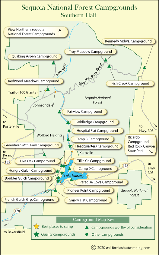 map of campgrounds in the Sequoia National Forest