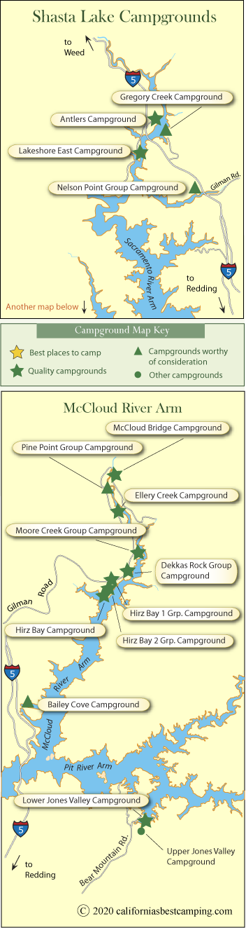map of campgrounds around Shasta Lake, CA