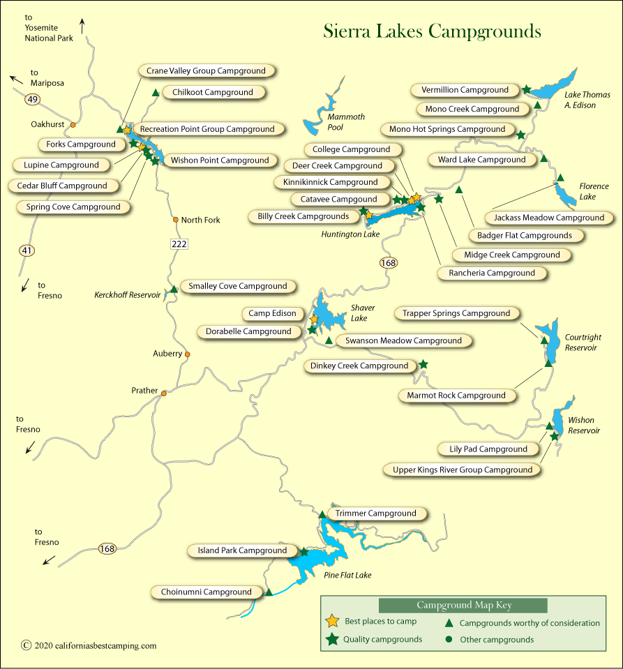 map of campground locations around lakes in Sierra National Forest