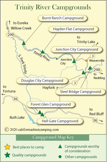 map of campgrounds along the Trinity River, California