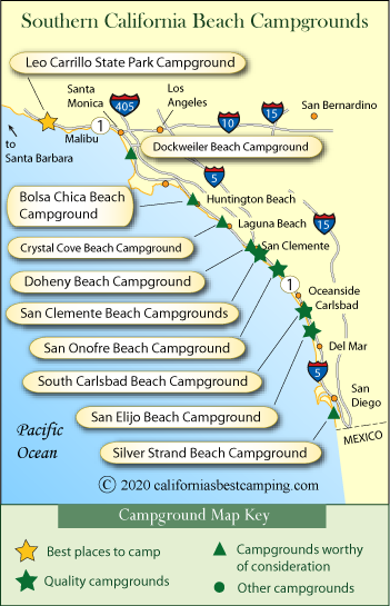 map of beach campground locations in southern California