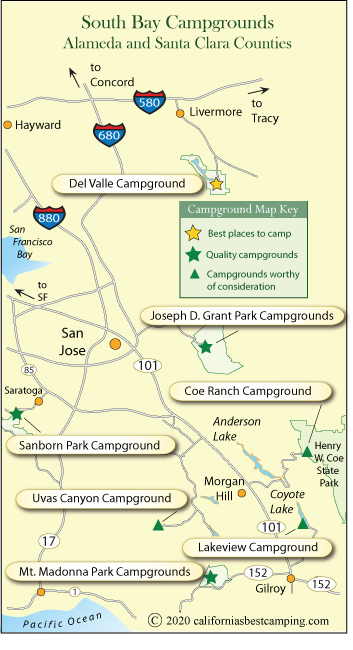 map of campground locations around Santa Clara and Alameda counties