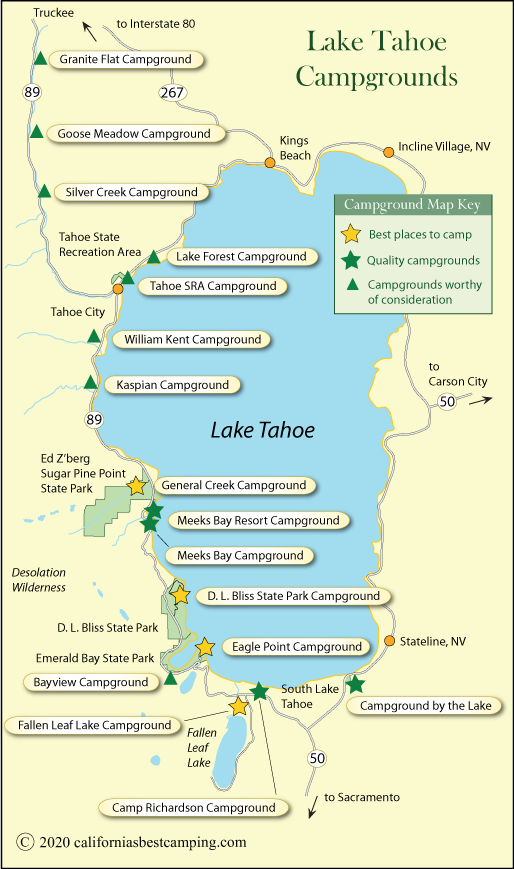 map of campground locations around Lake Tahoe, CA