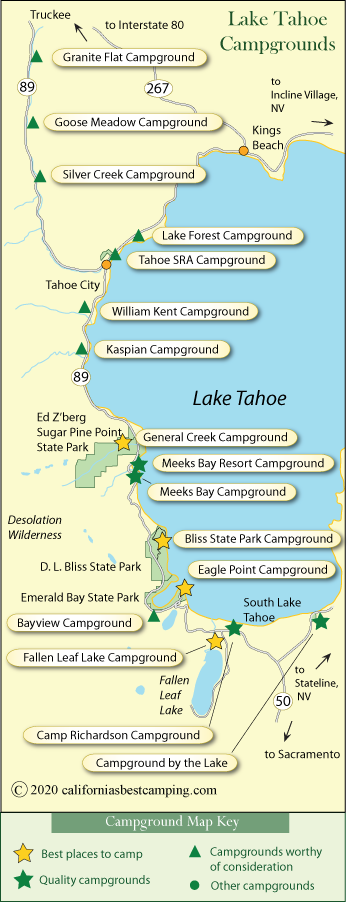 map of campground locations around Lake Tahoe, CA