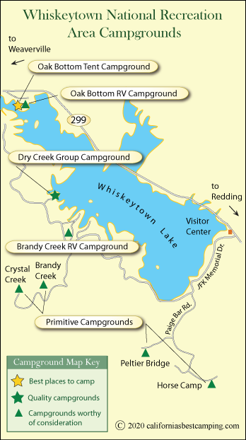 map of campgrounds around WhiskeytownLake, CA