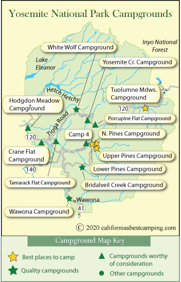 map of campground locations in Yosemite National Park