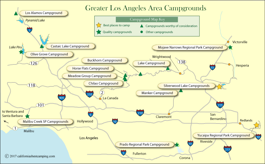 map of campgrounds in the Greater Los Angeles area, CA