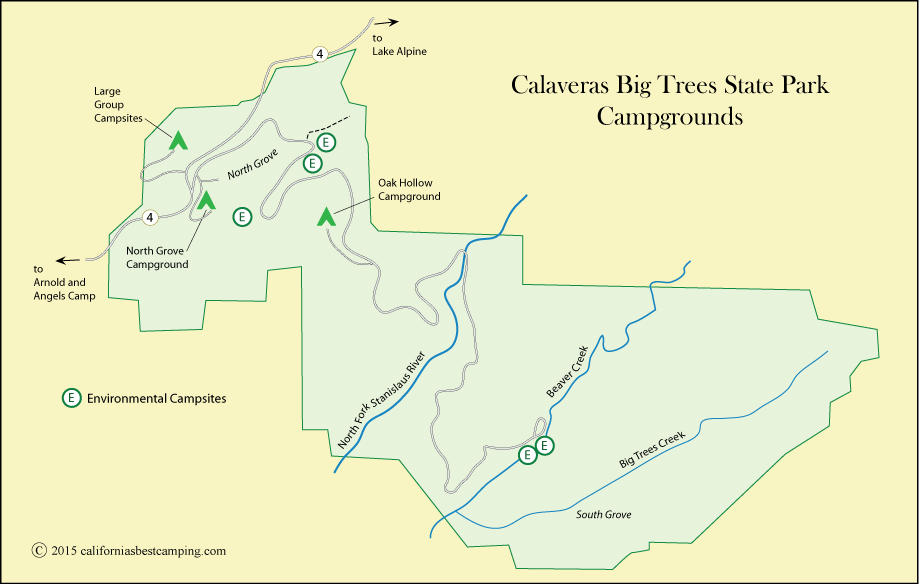 map of campground locations in Calaveras Big Trees State Park, including environmental campsites, CA