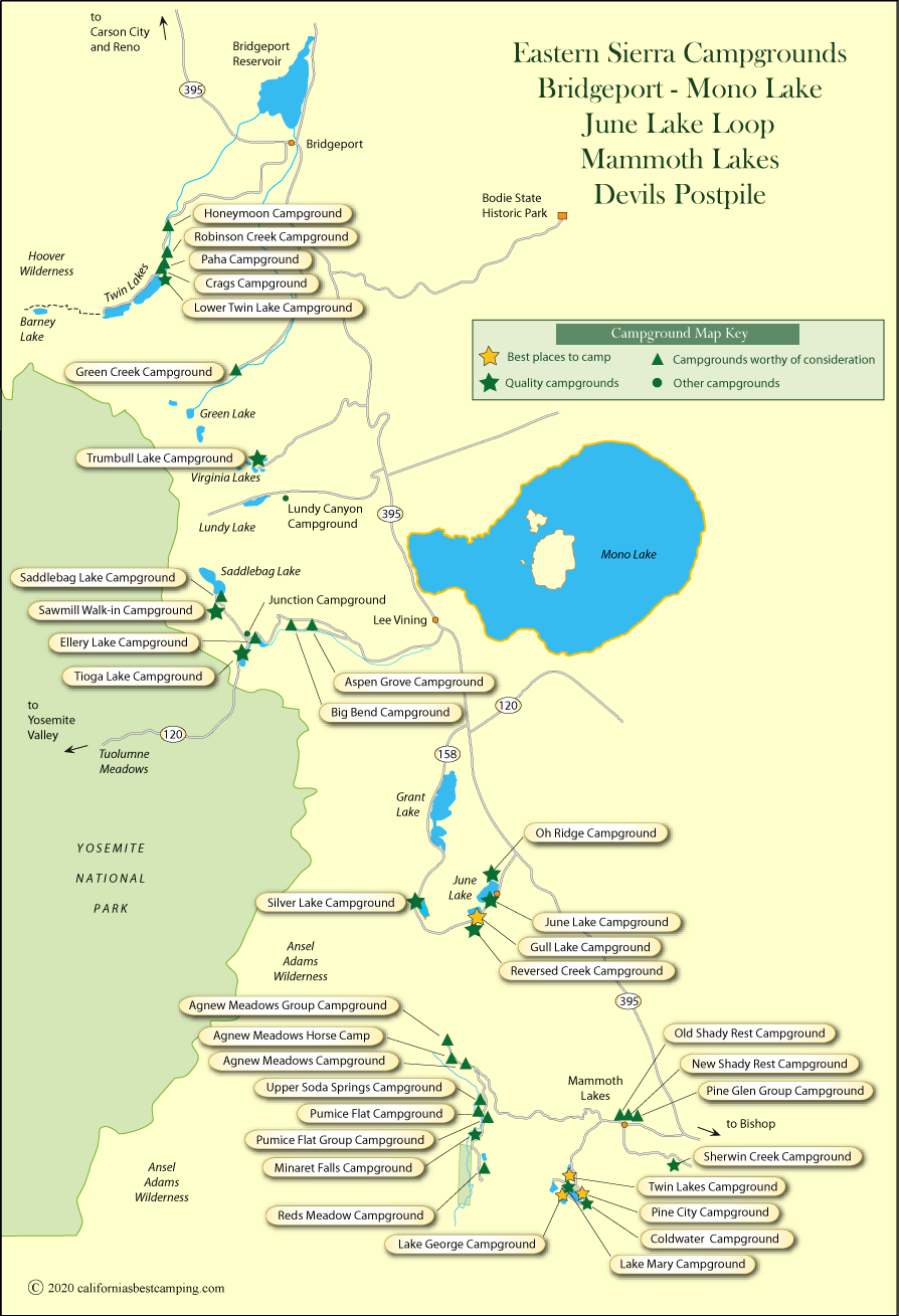 map of campgrounds in the Eastern Sierra from Bridgeport to Mammoth Lakes