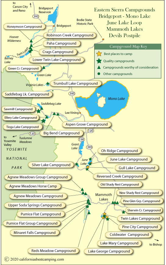 map of campgrounds in the Eastern Sierra from Bridgeport to Mammoth Lakes