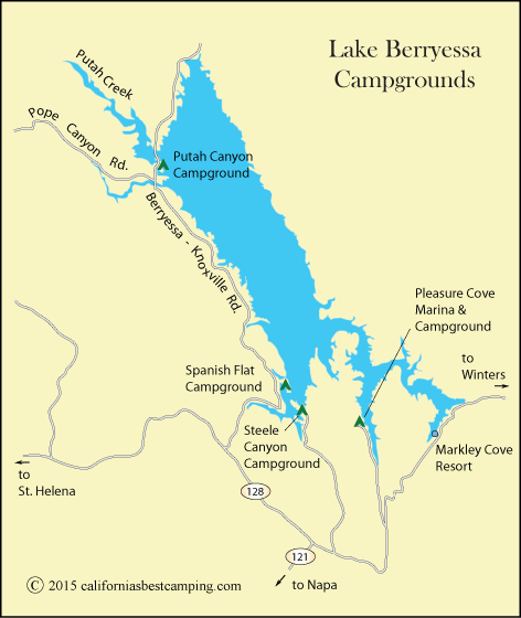 map of Lake Berryessa Campgrounds,including Pleasure Cove Campground, CA