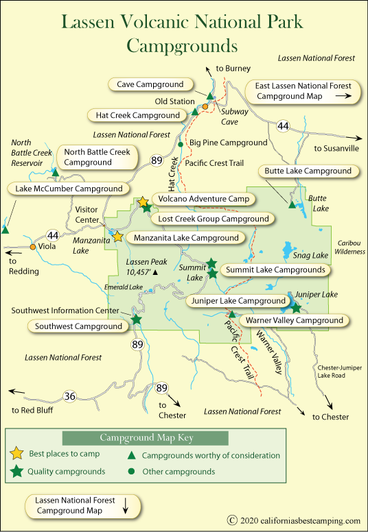 map of campground locations in Lassen Volcanic National Park