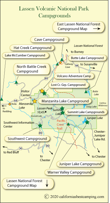 map of campground locations in Lassen Volcanic National Park