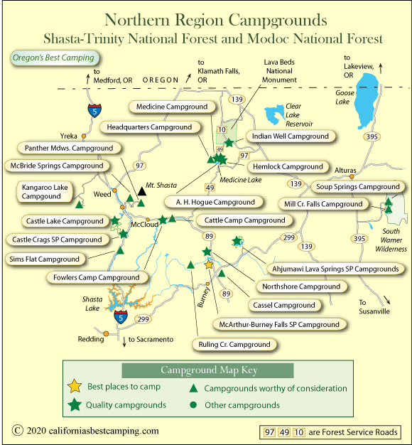 map of campground locations around Mt. Shasta and Modoc County,  CA